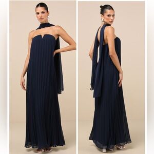 Lulus Lael Navy Pleated Strapless Dress and Scarf Set Size Medium